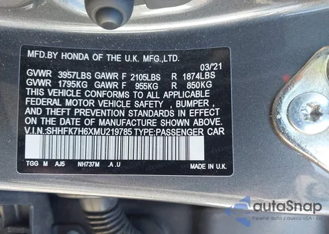 2021 Honda Civic Ex из США, поврежденный, VIN SHHFK7H6XMU219785